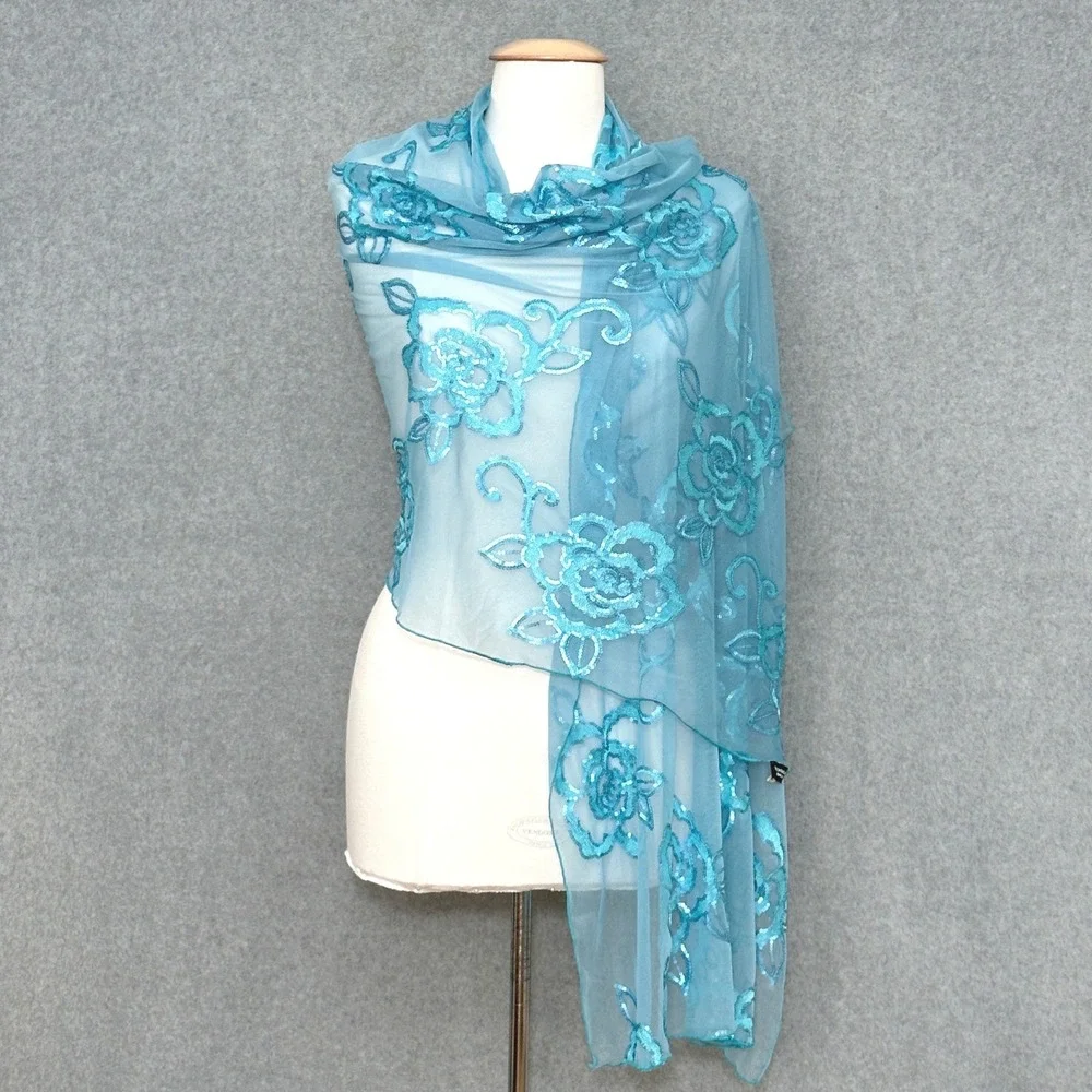 Tosca Blu Aqua Blue Floral Sequin Mesh Evening Wrap Shawl Scarf Evening Wedding